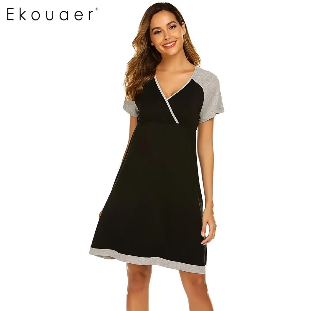 Ekouaer повседневное летнее Ночное платье Удобная Ночная сорочка с короткими рукавами и v-образным вырезом Ночная сорочка женские ночные рубашки