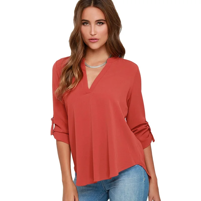 

Naiveroo Plus Size 5XL Women's Loose Chiffon Blouses Autumn V Neck 3/4 Sleeve Casual Shirt Women Pure Color Tops