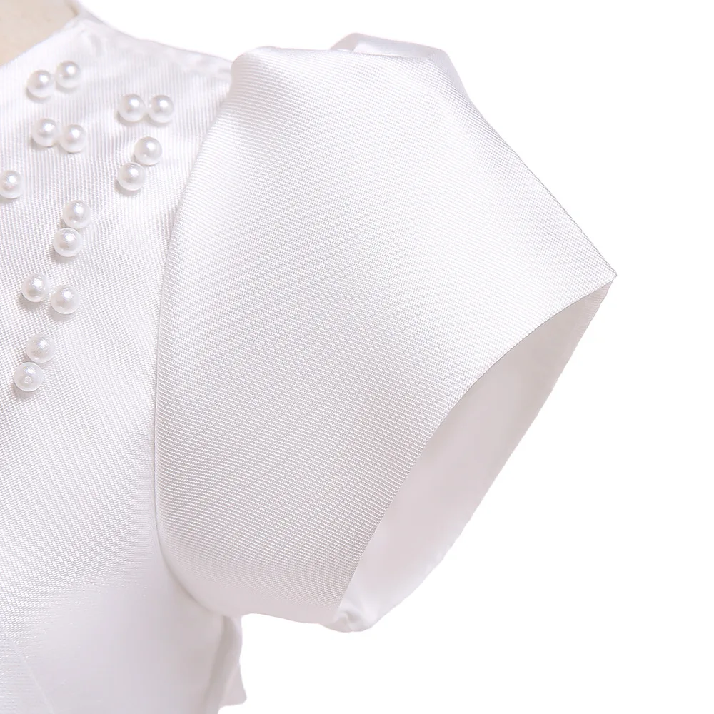 Бальное платье белого цвета с короткими рукавами; Атласные Платья с цветочным узором для девочек с жемчугом; платья для первого причастия; коллекция года; Вечерние платья на выпускной