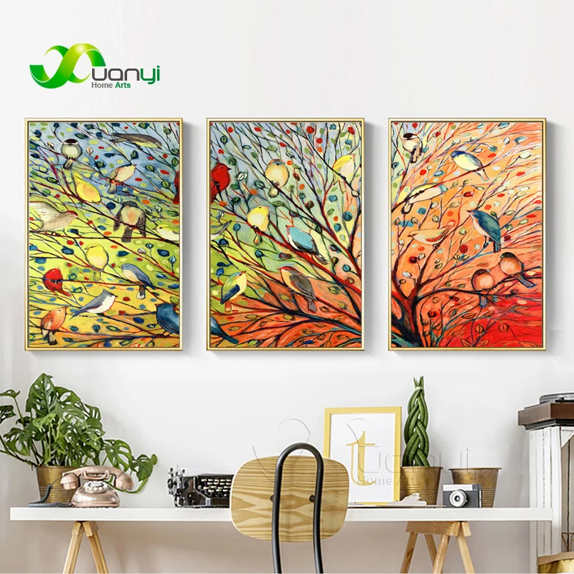 

3 Panel Parrot Bird Tree Abstract Oil Painting On Canvas Poster And Print Modern Wall Picture For Living Room Cuadros Decor