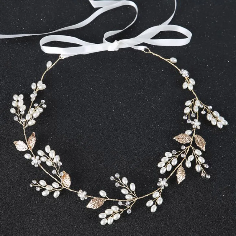 Bridal jewelry Korean handmade gold leaf pearl bride hair band Hairpin