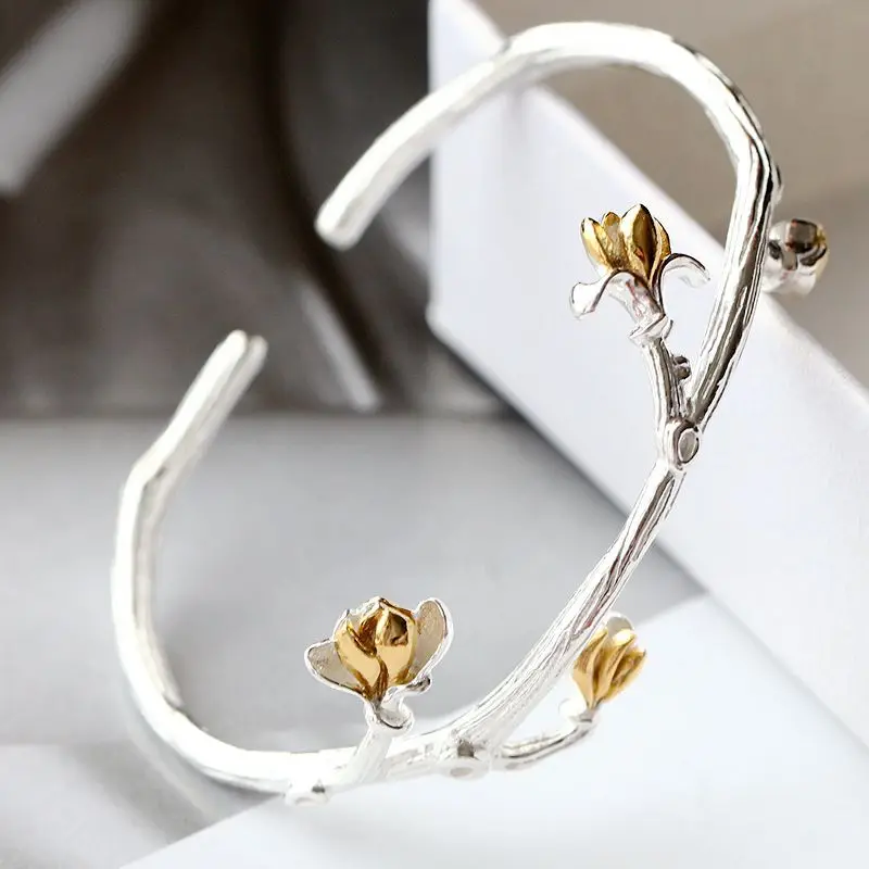 Silver Jewelry Wholesale S925 Sterling Silver Bud Open Ended Bangle Handmade Silver Bangle ...