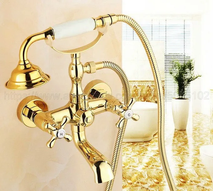 

Gold Color Brass Bathtub Faucets Telephone Style Tub Mixer Taps Dual Handle Bathroom Bath Shower Faucet with Handshower ztf123