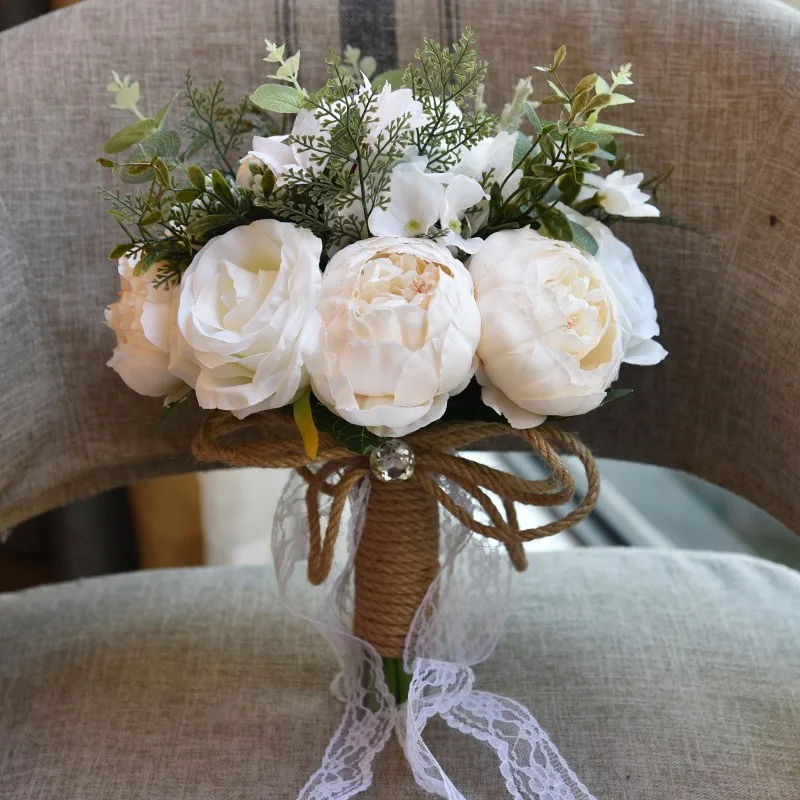 Реальное изображение 4 цвета розы свадебные букеты свадебный цветок искусственный имитирующий цветок цвета слоновой кости букет с кружевом и веревкой