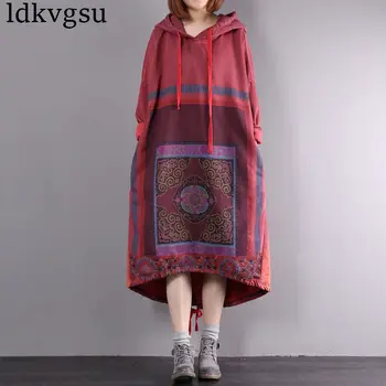 

2020 Female New Korean Spring Autumn Plus Size Literary Dress Long-sleeve Vintage Washed Hooded Shirts For Women Dress A886