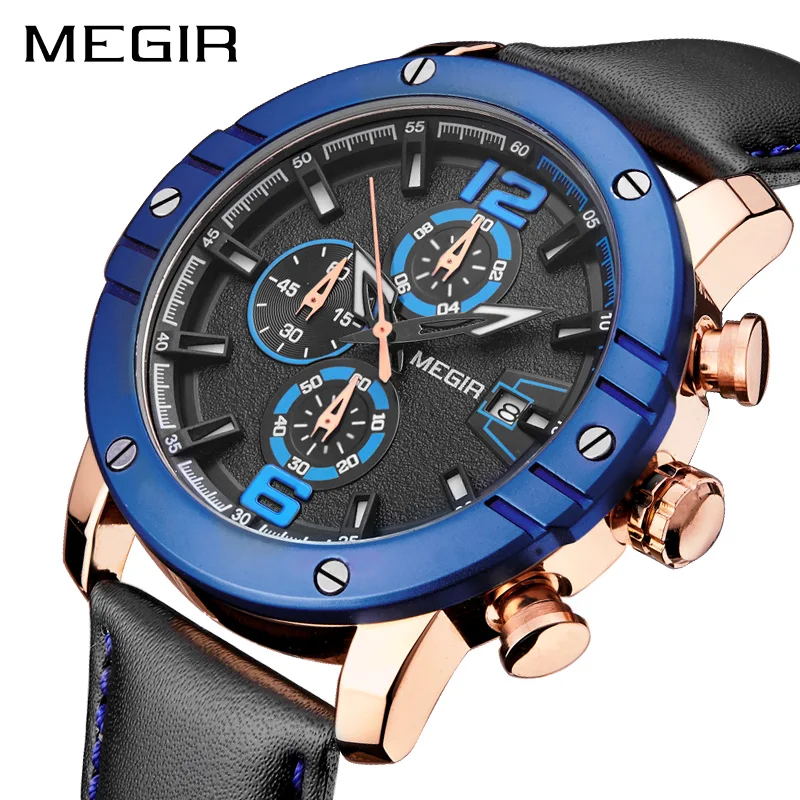 

MEGIR Mens Watch Top Brand Luxury Leather Military Multifunction Watch Clock Male Quartz Wrist Watch Relogio Masculino 2018 New
