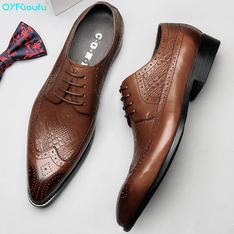 

Pointed Toe Men Dress Shoe New Formal Black Brown Men Genuine Leather Shoes Flats Work Brogue Shoes Hot Sale Fashion