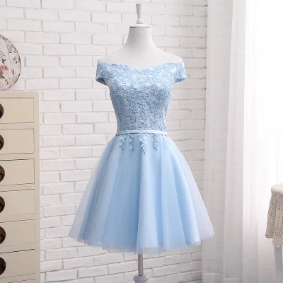 QNZL987#Off Shoulder Gauze gray lace up bridesmaid dresses new spring summer short Middle long style party prom dress girls - Цвет: Short 85cm