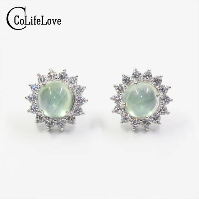 Clic Silver Prehnite Stud Earrings 8mm Round Flawless Natural Clic Silver Prehnite Stud Earrings 8mm Round Flawless Natural Solid 925