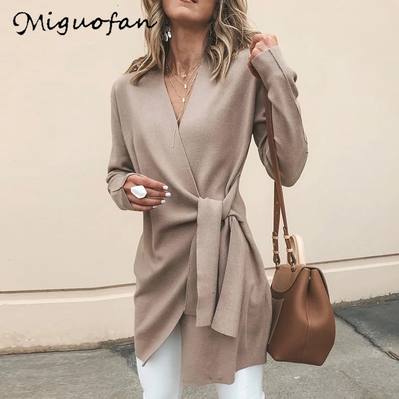 

Miguofan Women Casual Solid Knitted Cardigans Sweater Lace Up Elegant Long Sweater Cardigans Female 2019 Autumn Winter New