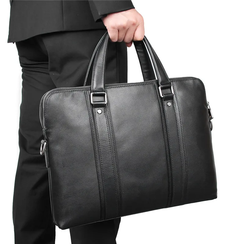

Nesitu Black Chocolate Blue Genuine Leather 14'' Laptop Office Men Briefcase Business Travel Messenger Bags A4 Portfolio M7326