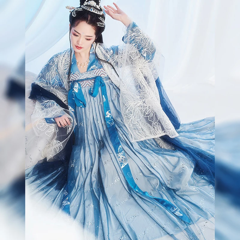 

2019 Hanfu Women Costume Shiny Sequin Chinese Dress Top+Skirt+Coat Suits Cosplay Costumes Swing Theme Opera Stage Costume BL14