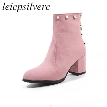 

Women Boots Autumn Winter High Heel Warm Flock Pearl Zip Mid-calf Chelsea Motorcycle Shoe 2018 New Sexy Fashion Black Brown Pink