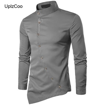

UplzCoo Spring And Autumn Men Shirt Long Sleeve Solid Color Slim Men's Casual Fashion Personality Irregular Button Shirt FM046