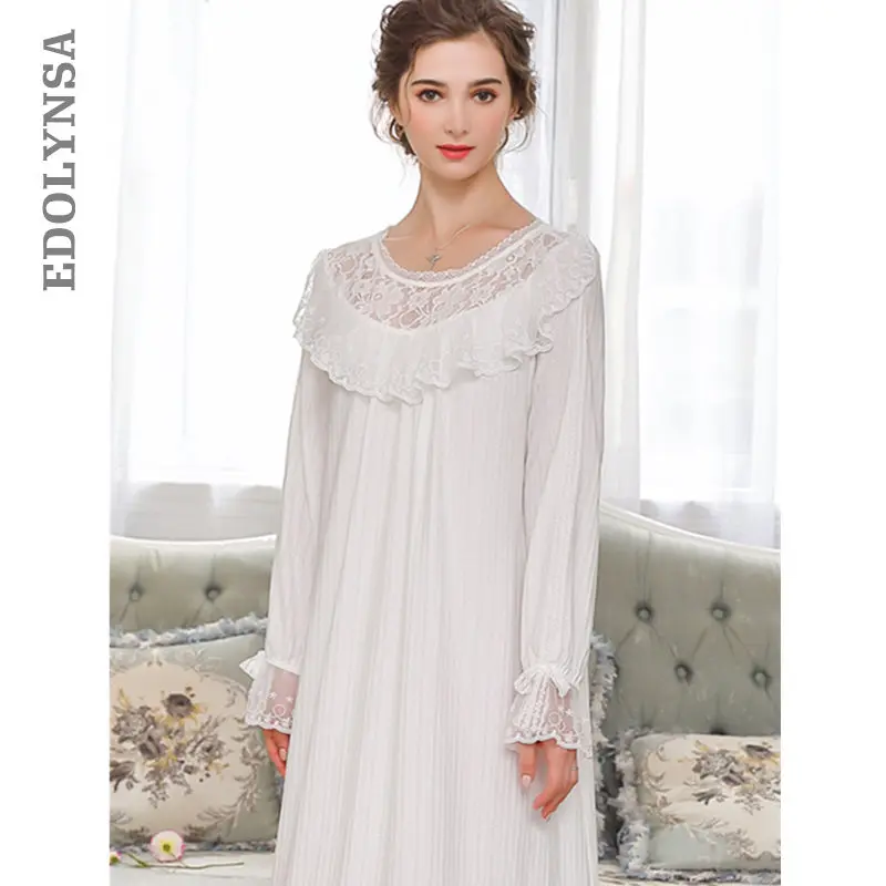 

White Cotton Nightgown Women Autumn Sleepwear Lace O Neck Long Sleeve Slash Ruffle Sleep Shirt Night Dress Robe Lounge Wear T308