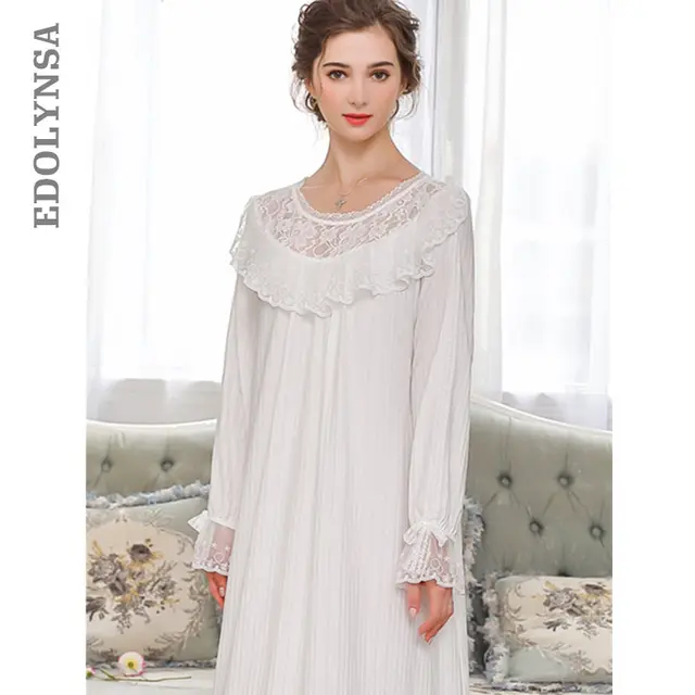 White Cotton Nightgown Women Autumn Sleepwear Lace O Neck Long Sleeve