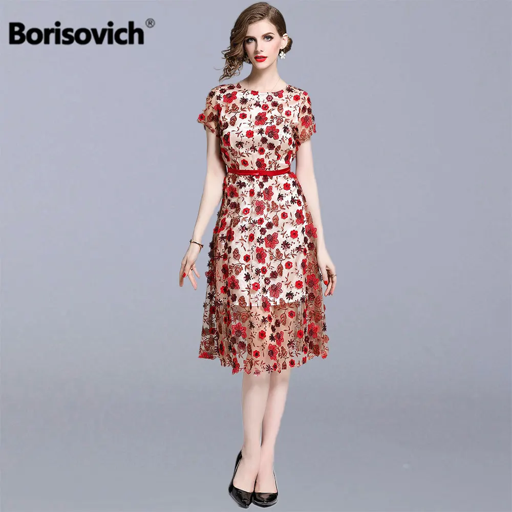 

Borisovich Women Summer Elegant Party Dresses New Brand 2019 Fashion Luxury Floral Embroidery Female A-line Long Dress N1231