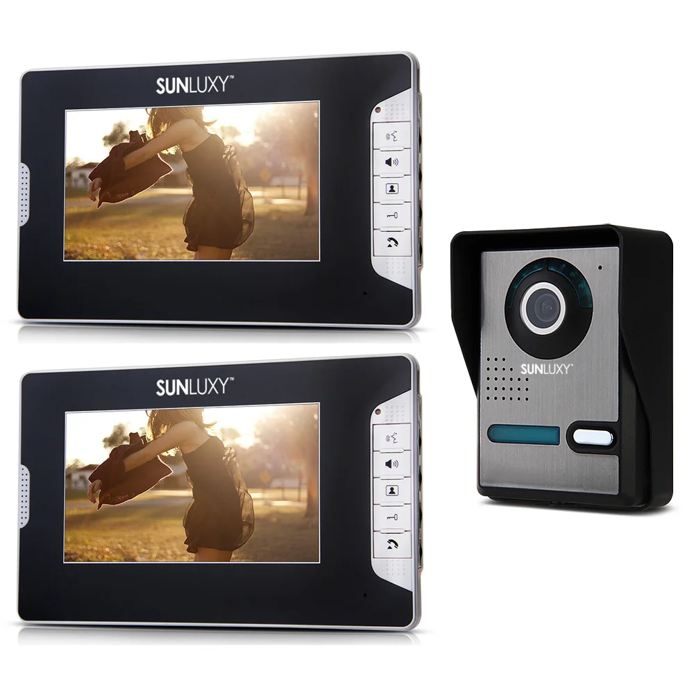 

SUNLUXY 7'' TFT Color Wired Video Intercom Door Phone Monitor Doorbell IR Night Vision 1 Camera + 2 Monitors for Home Security