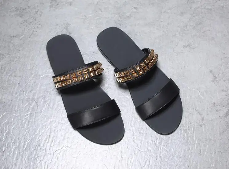 Genuine Leather Summer Men's Sandals Narrow Band Slipper Rivets Slip On