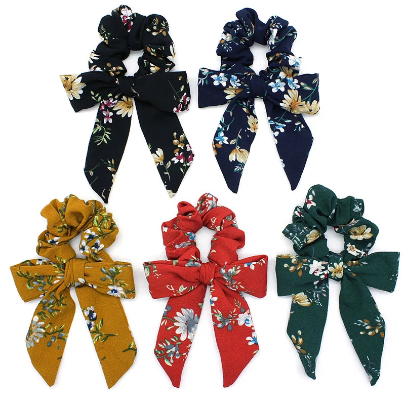 

Floral Bow Headwear Print Ribbon Hair Scrunchie Women Boho Style Hair Rope Elastic Hairband Girls Hair Accessories Headband Ties