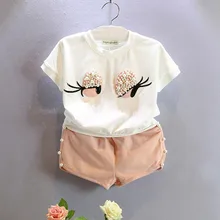 Free shipping 2017 summer baby girl clothes new fashion baby clothing eyebrow cartoon lovely suit short