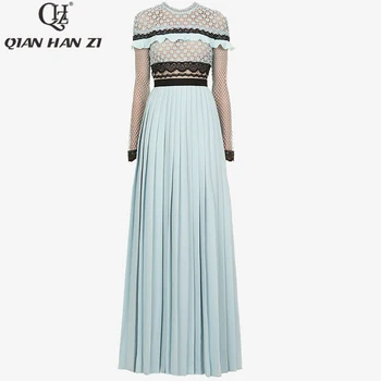 

Qian Han Zi 2019 fashion Designer Runway Dress Women Long sleeve Lace Hollow Out Ruffles Spliced Casual Party Elegant Slim Dress
