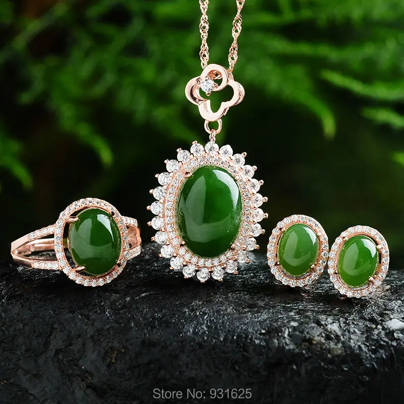 

925 silver Natural Green HeTian Yu Stone Gem Inlay Pendant Necklace Earring Ring Set + certificate Fashion Fine Jewelry