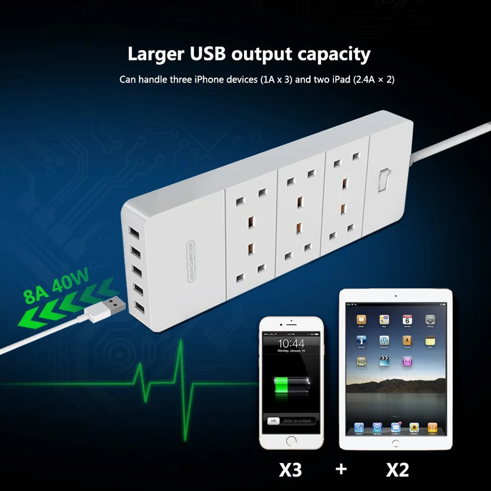 NTON POWER HPC USB защита от перенапряжения удлинитель питания штепсельная вилка