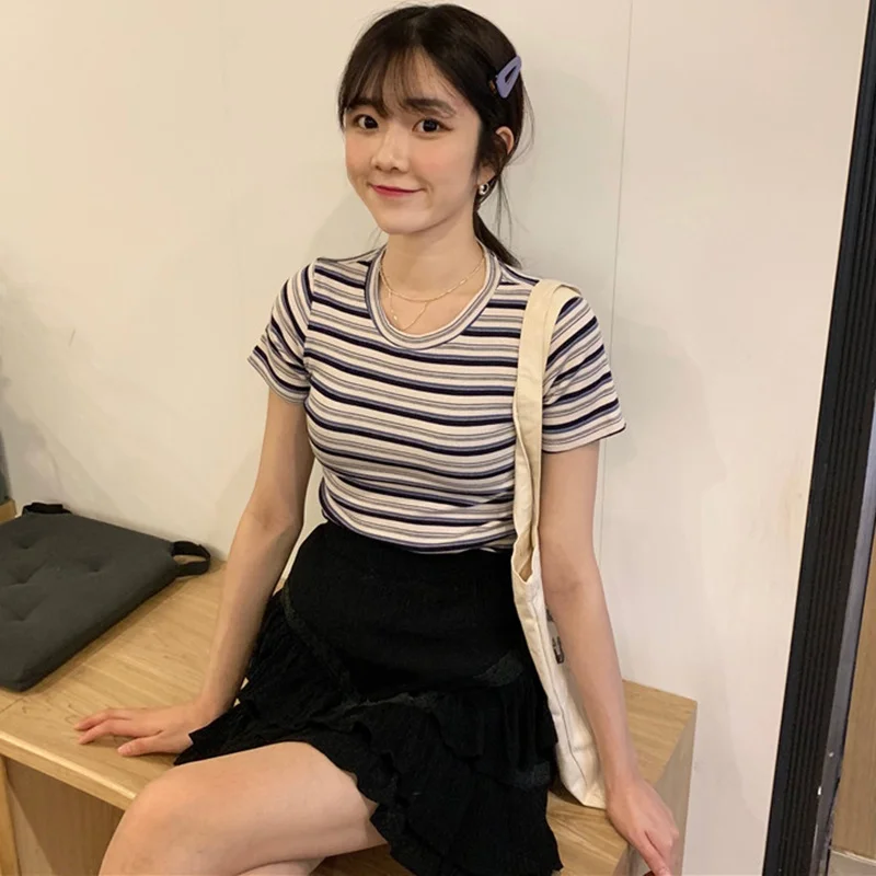 

2019 Summer Tshirt Women Korean O-neck T Shirt Fashion Striped Tops Harajuku Short Sleeve Casual T-shirts