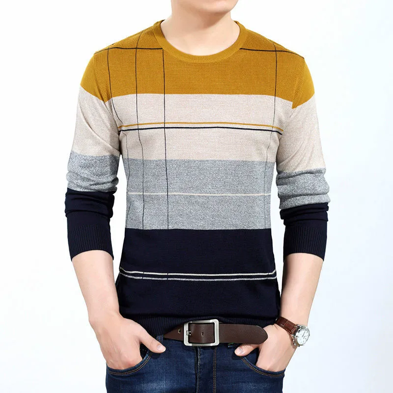 Осенний зимний теплый свитер мужской вязаный кашемировый шерстяной пуловер для мужчин Модный Полосатый мужской пуловер с круглым вырезом размера плюс 66143 - Цвет: yellow