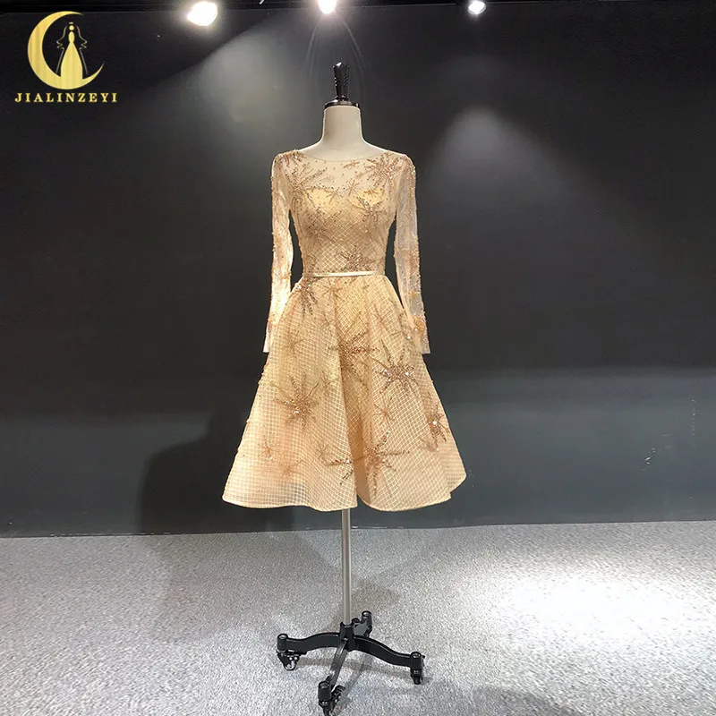 

JIALINZEYI Real Pictures Champange lace and Gold Beads Long Sleeves Knee Length vestido de noiva Party Dress Prom Dresses