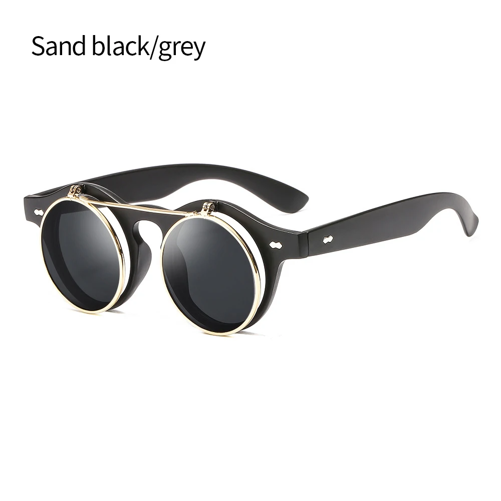 Стимпанк Солнцезащитные очки для женщин и мужчин ретро очки круглые очки Флип-ап очки шов Панк Винтаж клип на Oculos de sol - Цвет линз: Sand Black