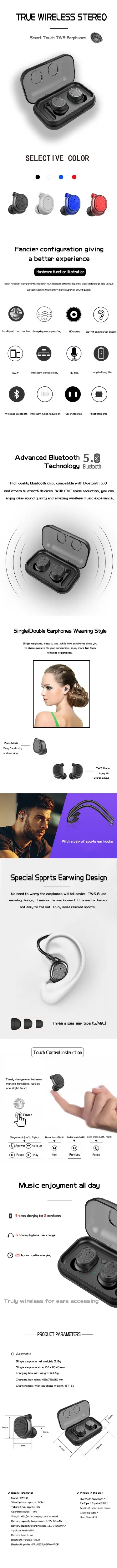 Bluetooth V5.0 гарнитура с сенсорным управлением T8 беспроводные наушники TWS Sport True Bass 6D стерео без головы IPX5 водонепроницаемые наушники