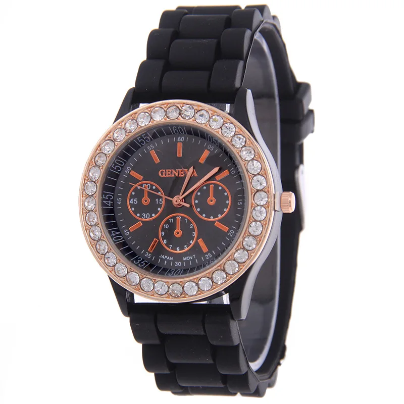 Лидер продаж Мода Женева Силиконовые часы Для женщин со стразами платье кварцевые наручные часы Relogio Feminino GV007
