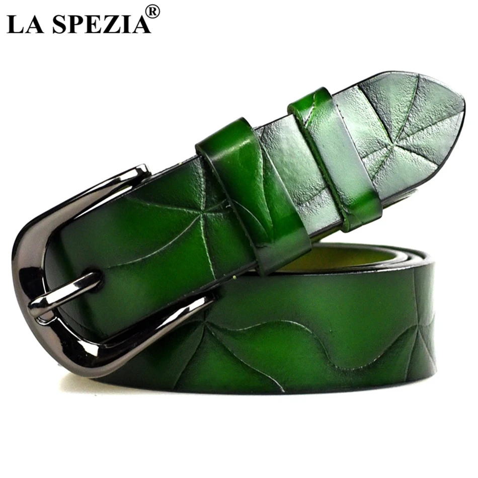 

LA SPEZIA Green Belt Leather Women Fashion Belt Ladies Real Cowskin Leather Pin Buckle Female Luxury Fashion Belt Brand