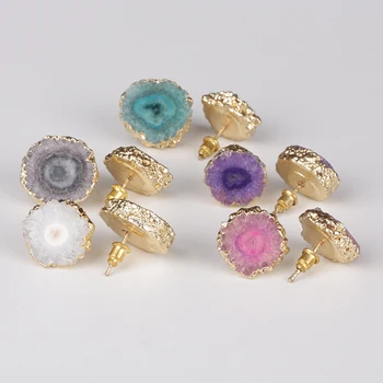 

gold frame blue grey black white green natural solor druzy drusy thick stone slice bead charm stud earrings for women unisex