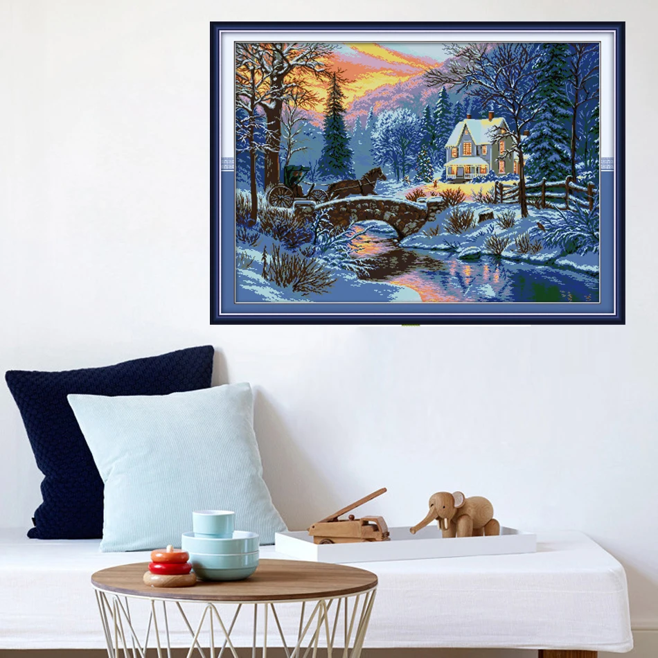 Joy Sunday,Winter snow scene,cross stitch embroidery set,printing cloth embroidery kit,needlework,DIY cross stitch embroidery (2)