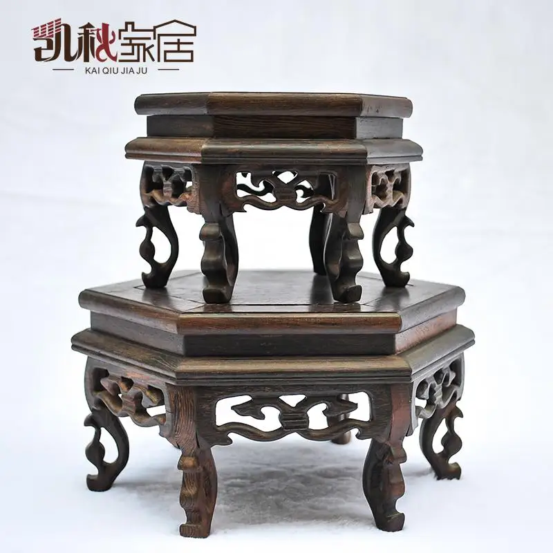 

KaiQiu household carved mahogany archaize hexagonal flower jade carving handicraft furnishing articles solid wood base