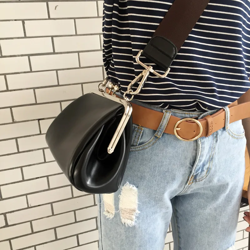  Women Messenger bag Retro Kiss Lock Shoulder Crossbody Bags for Female Clip Bag Black Pu Leather Ha - 32959696138