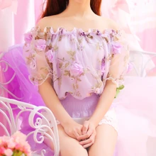 Женская рубашка с цветочным узором с пышными рукавами, милый с цветочным топ из органзы