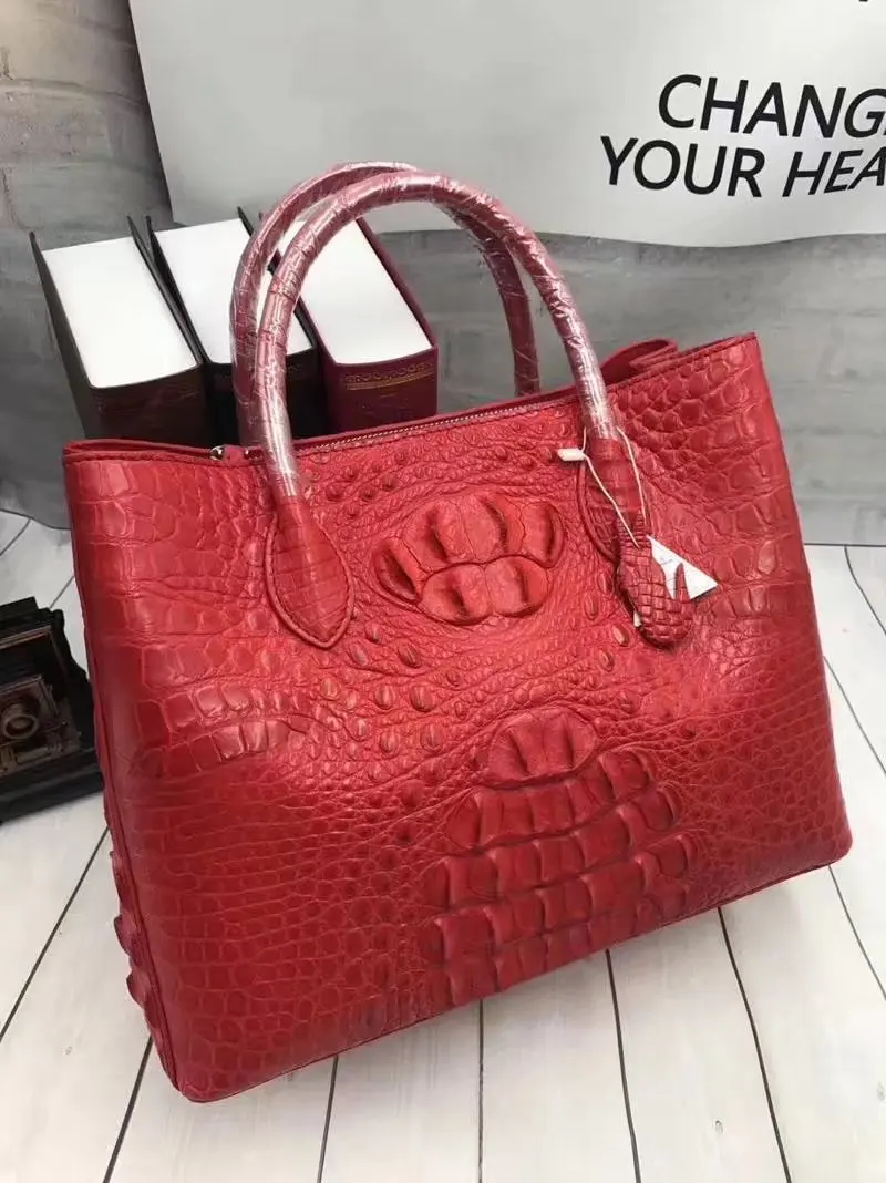 Роскошная дизайнерская натуральная крокодиловая кожа женская большая сумка мужская сумка из экзотической натуральной кожи аллигатора кожаная женская сумка на одно плечо - Цвет: Красный