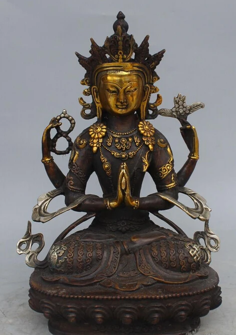 

12"Chinese Tibet Bronze Gilt Silver 4 Hands Arms Chenrezig Goddess Buddha Statue R0707 (B0328)