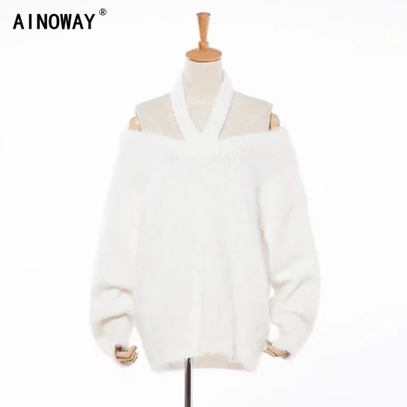 

Vintage chic Off shoulder knitting sweater female women's sexy hanging neck white oversize sweater female