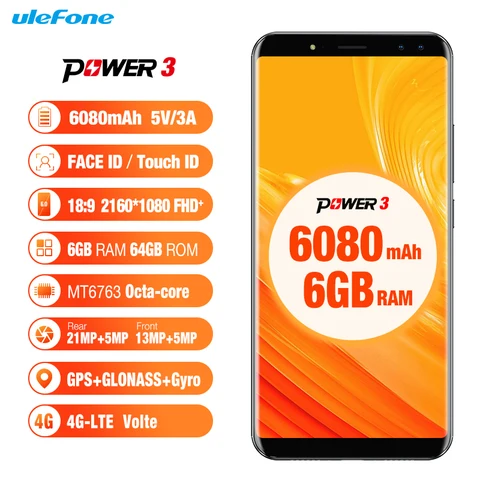 Ulefone Power 6 0  18 9 Full Screen Smartphone 6080mAh 6GB RAM 64GB MT6763 Octa Core Face Android 7 1 Mobile phone