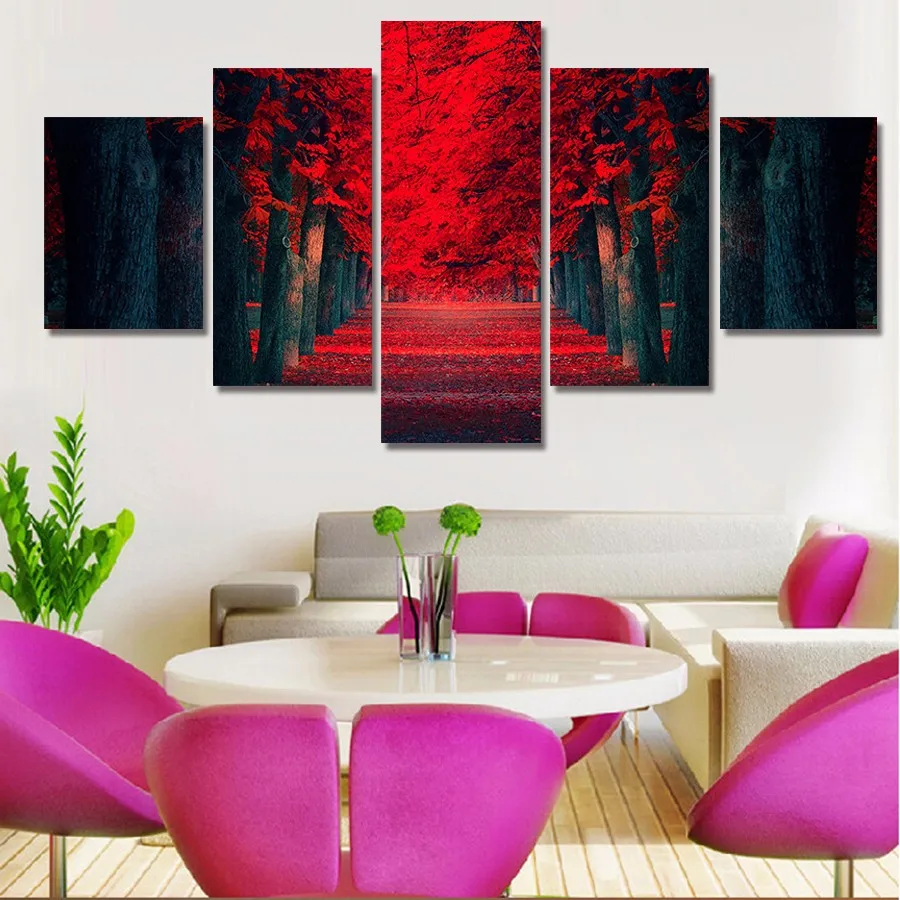 5 Piece Picture Hot Abstract Beautiful Red Woods Modern Home Wall Decor