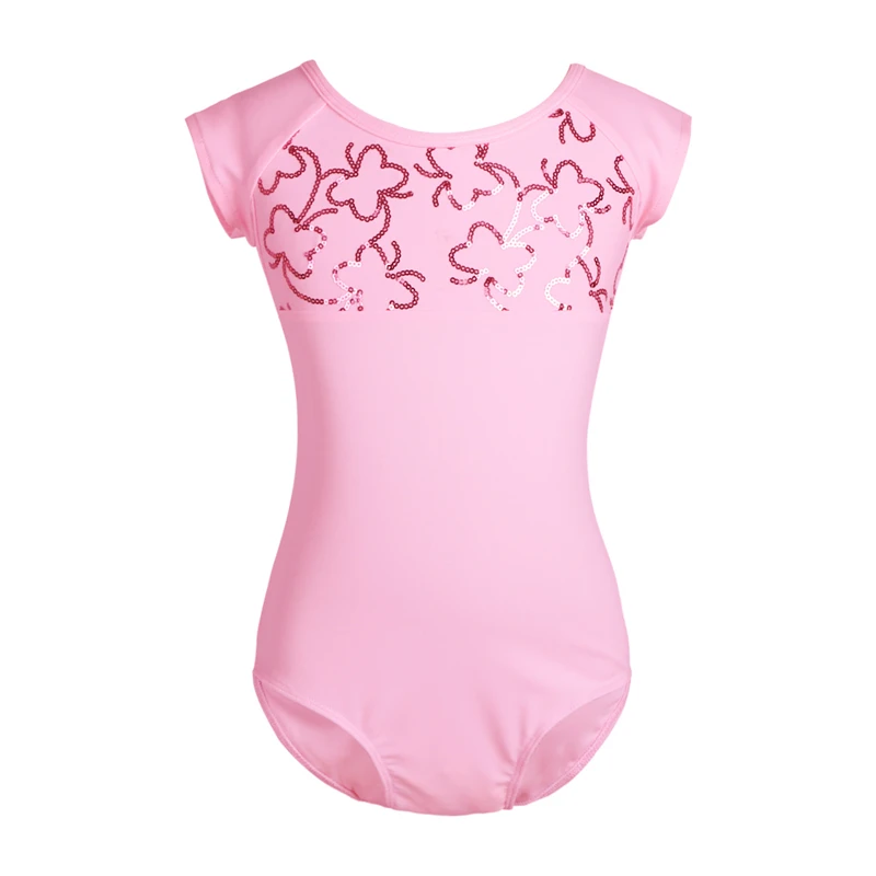 Детский цельный купальник с короткими рукавами и блестками для девочек, для балета, гимнастики, гимнастики, купальник с лямками на спине, детская одежда для сценических танцев - Цвет: Pink
