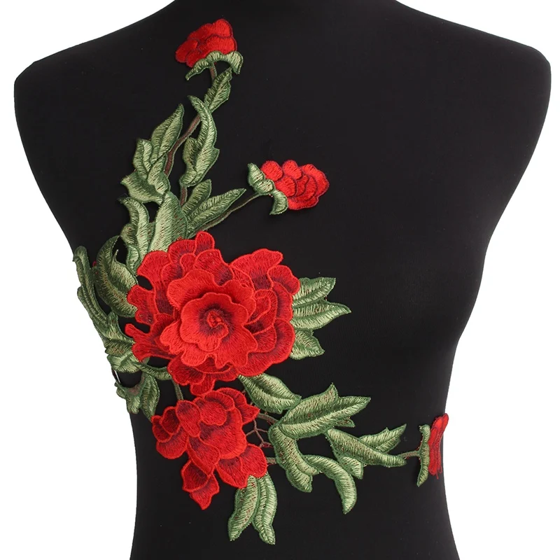 3D Red Flowers Embroidered Patches Sew On Sticker for Clothes Dress