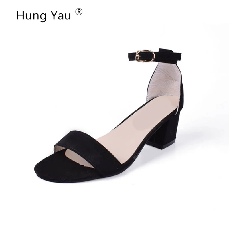 

Hung Yau Women Pumps Sandals 2018 Summer Style Square Med Heel Peep Toe Hook&Loop PU leather Ladies Wedding Shoes Plus Size 9
