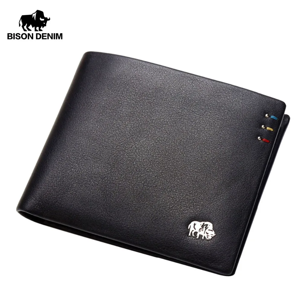 BISON DENIM Business Casual Wallet Men Top Layer Genuine leather Purses Men Short Wallets Metal Brand Logo Slim Wallet N4411-3B