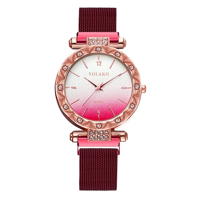 Модные женские наручные часы со стразами дамское платье кристалл из нержавеющей стали сетка кварцевые наручные часы браслет часы Montre Femme - Цвет: Red